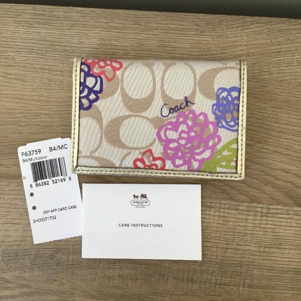 Coach Floral Signature Canvas Card Case in Tan, Pink, Purple, Green